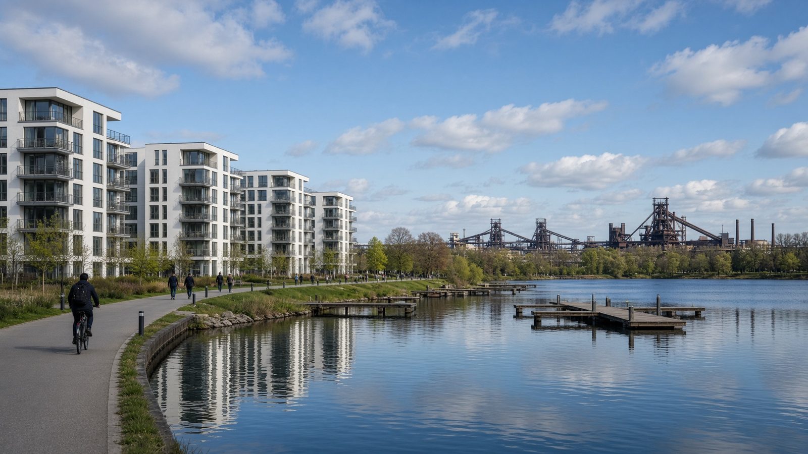 Stimmungsbild Phoenix-See in Dortmund-Hörde: Uferweg und moderne Wohnhäuser am Wasser
